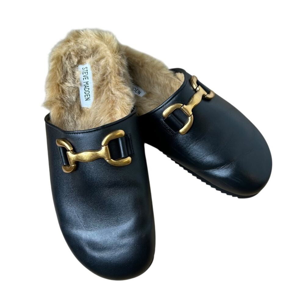 Steve Madden Masin Black Leather Faux Fur Mule Slippers 10